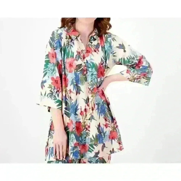 CUDDLE DUDS Tropical Floral 3/4 Sleeve Tunic Shirt Caftan Crinkle Crepe Women XS - Picture 2 of 13